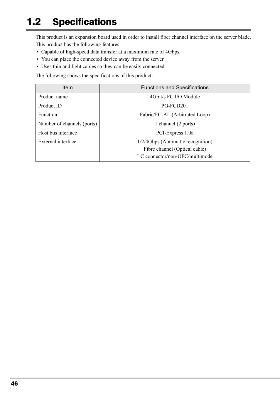 2 specifications, Specifications | FUJITSU PRIMERGY 4Gbit/s FC I/O Modules User Manual | Page 8 / 40