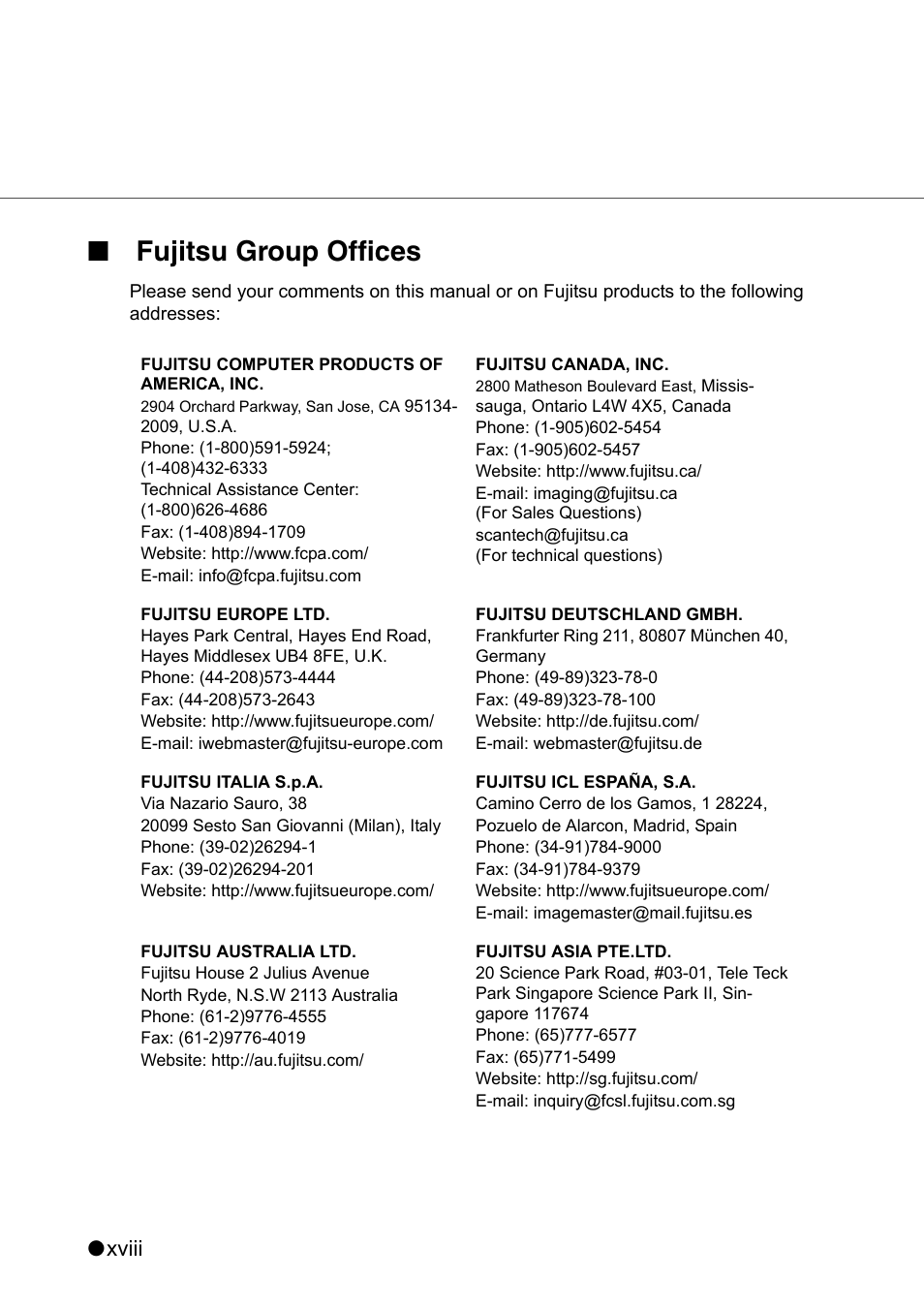 Fujitsu group offices, Xviii | FUJITSU fi-4860C User Manual | Page 19 / 87