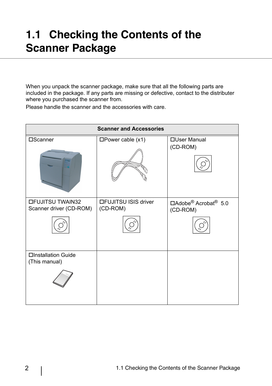 1 checking the contents of the scanner package, Checking the contents of the scanner package | FUJITSU fi-4860C User Manual | Page 25 / 87