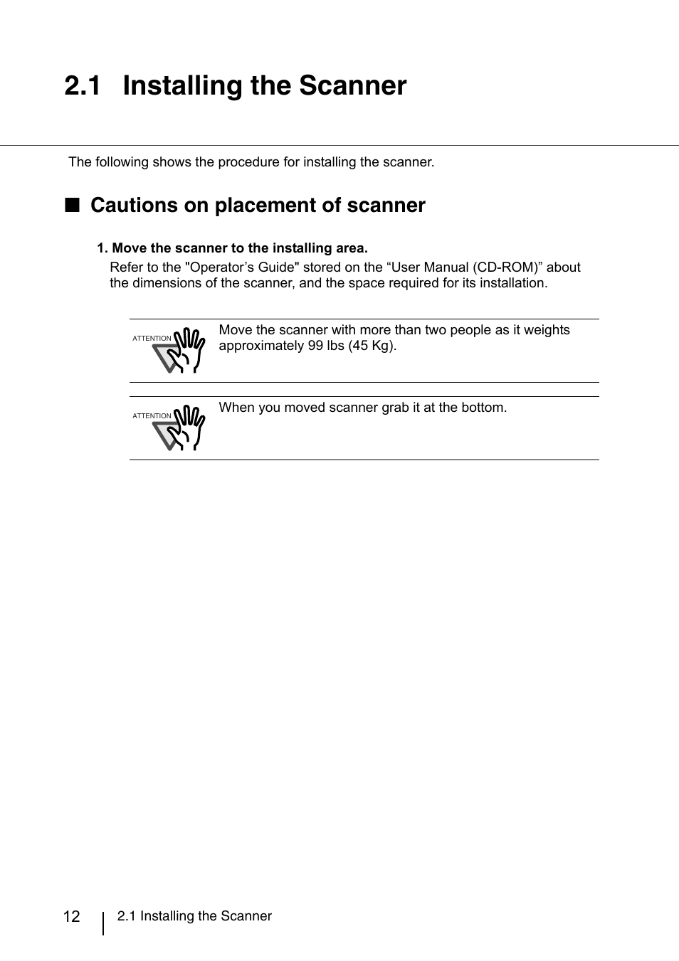 1 installing the scanner, Installing the scanner, Cautions on placement of scanner | FUJITSU fi-4860C User Manual | Page 35 / 87