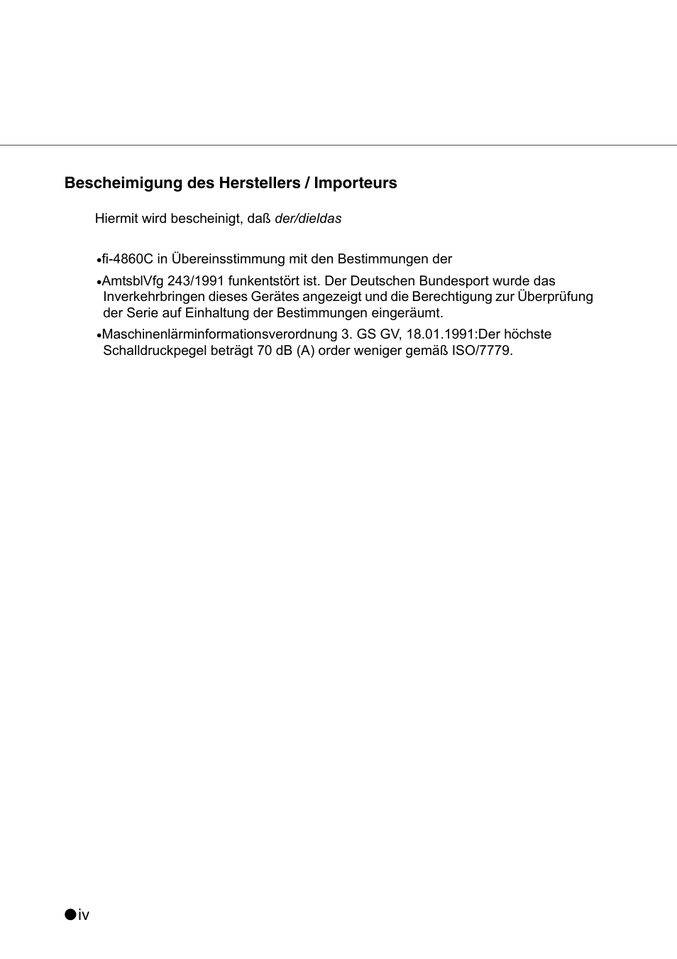 Iv bescheimigung des herstellers / importeurs | FUJITSU fi-4860C User Manual | Page 5 / 87