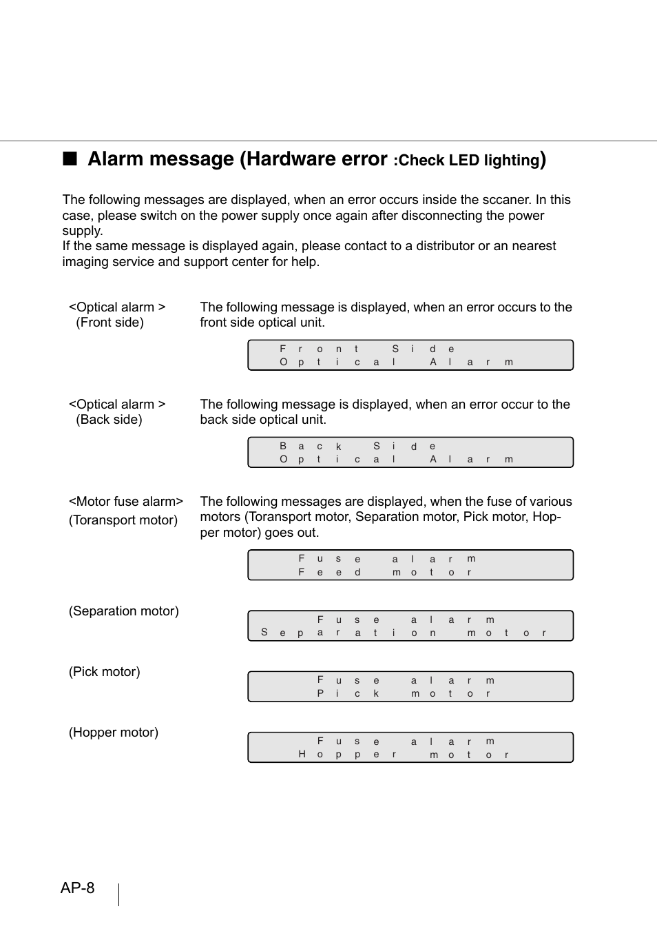 Alarm message (hardware error, Ap-8, Check led lighting | FUJITSU fi-4860C User Manual | Page 69 / 87