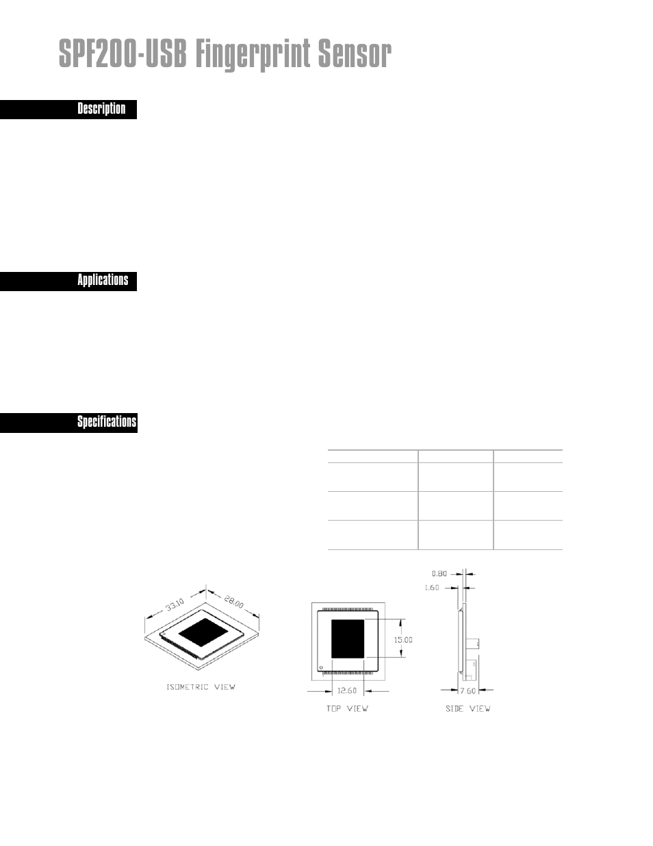 Spf200-usb fingerprint sensor, Applications, Description | Specifications | FUJITSU SPF 200 User Manual | Page 2 / 2