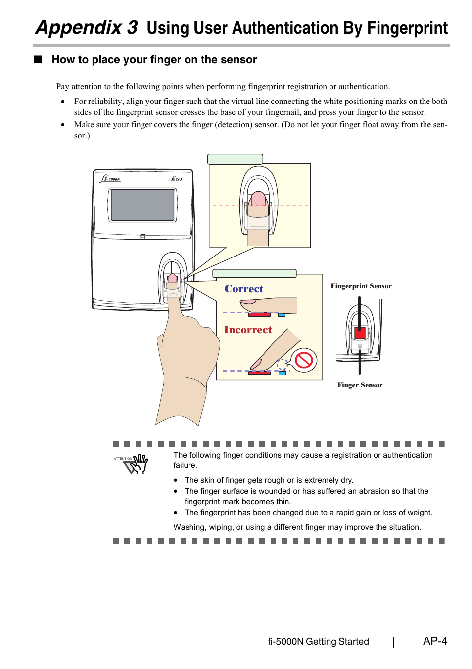 Appendix 3, Using user authentication by fingerprint, Ap-4 | How to place your finger on the sensor | FUJITSU fi-5000N User Manual | Page 27 / 29