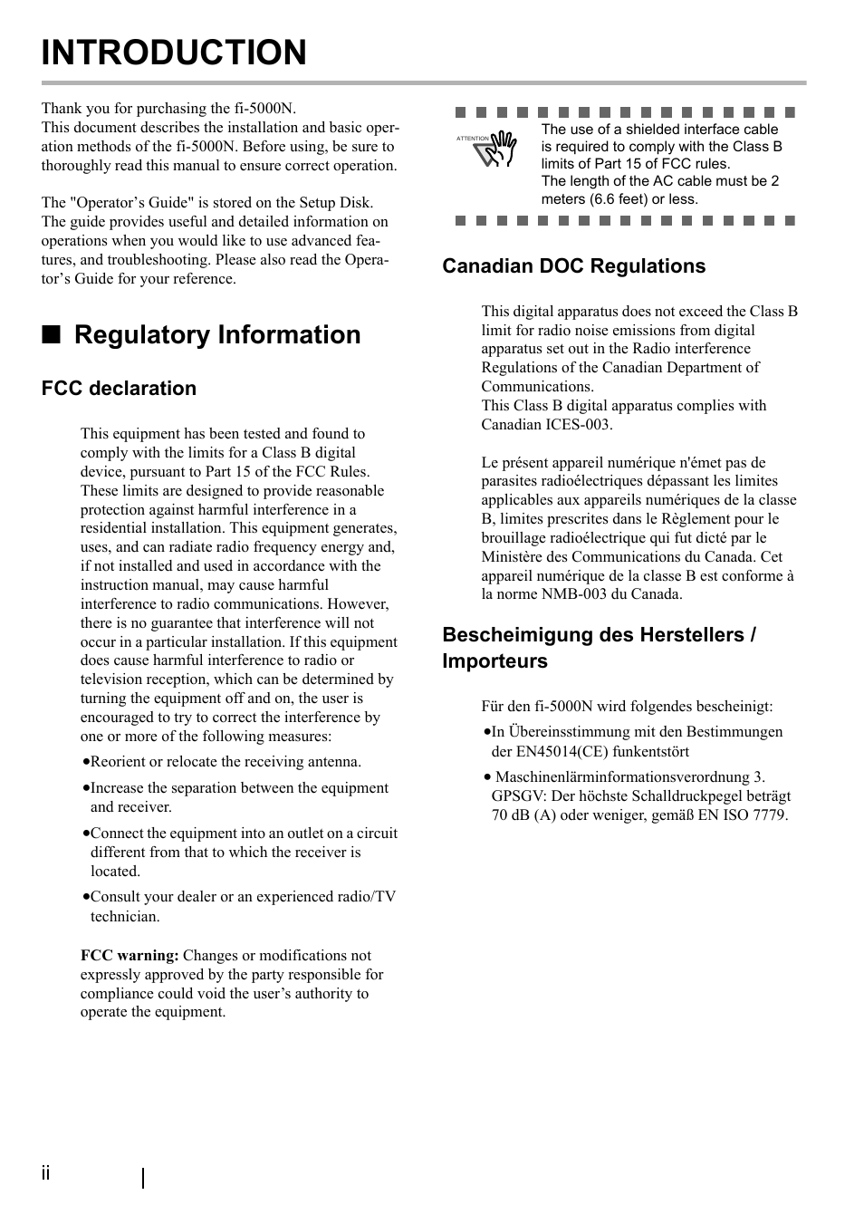 Introduction, Regulatory information | FUJITSU fi-5000N User Manual | Page 4 / 29