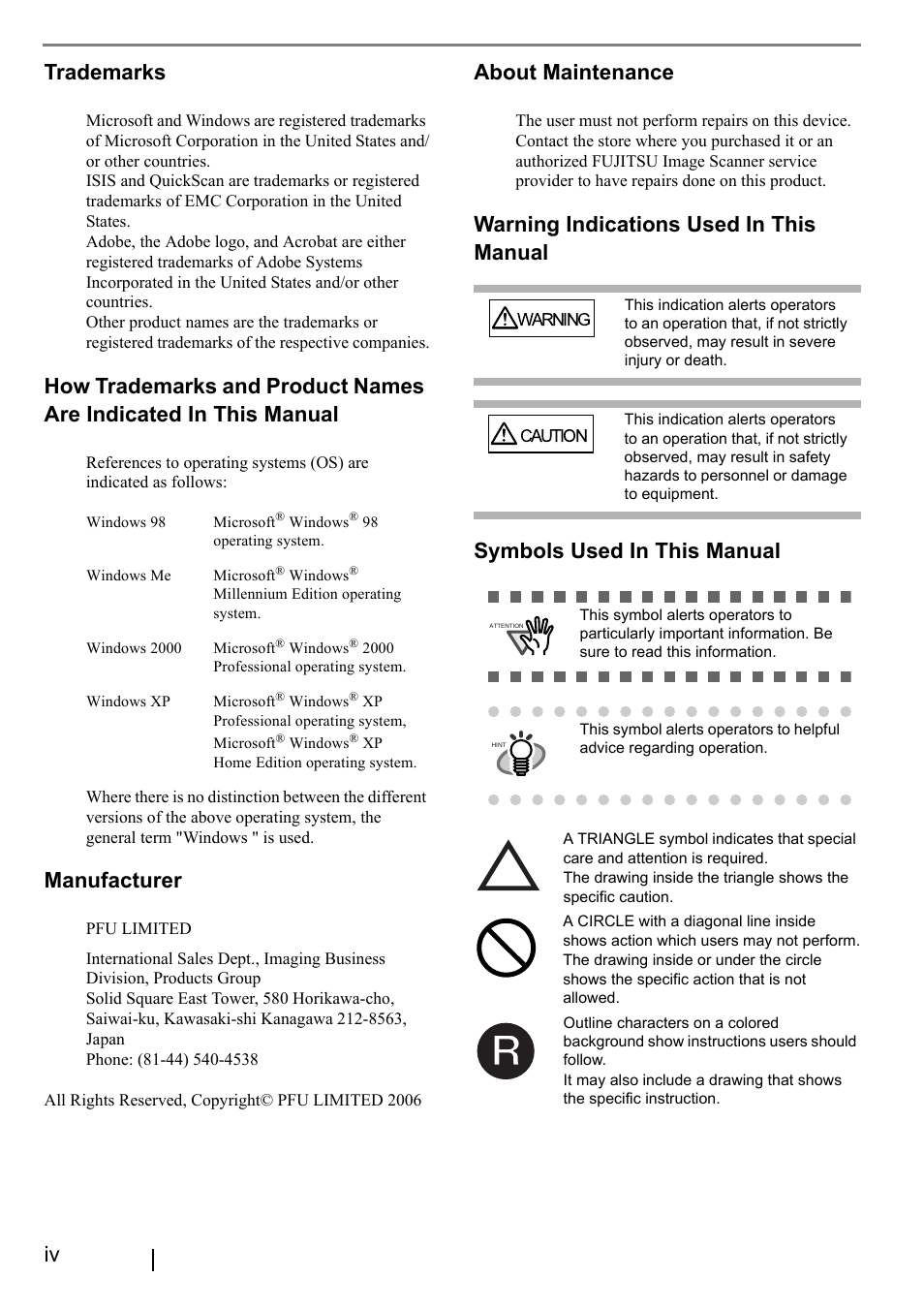 Iv trademarks, Manufacturer, About maintenance | FUJITSU fi-5000N User Manual | Page 6 / 29