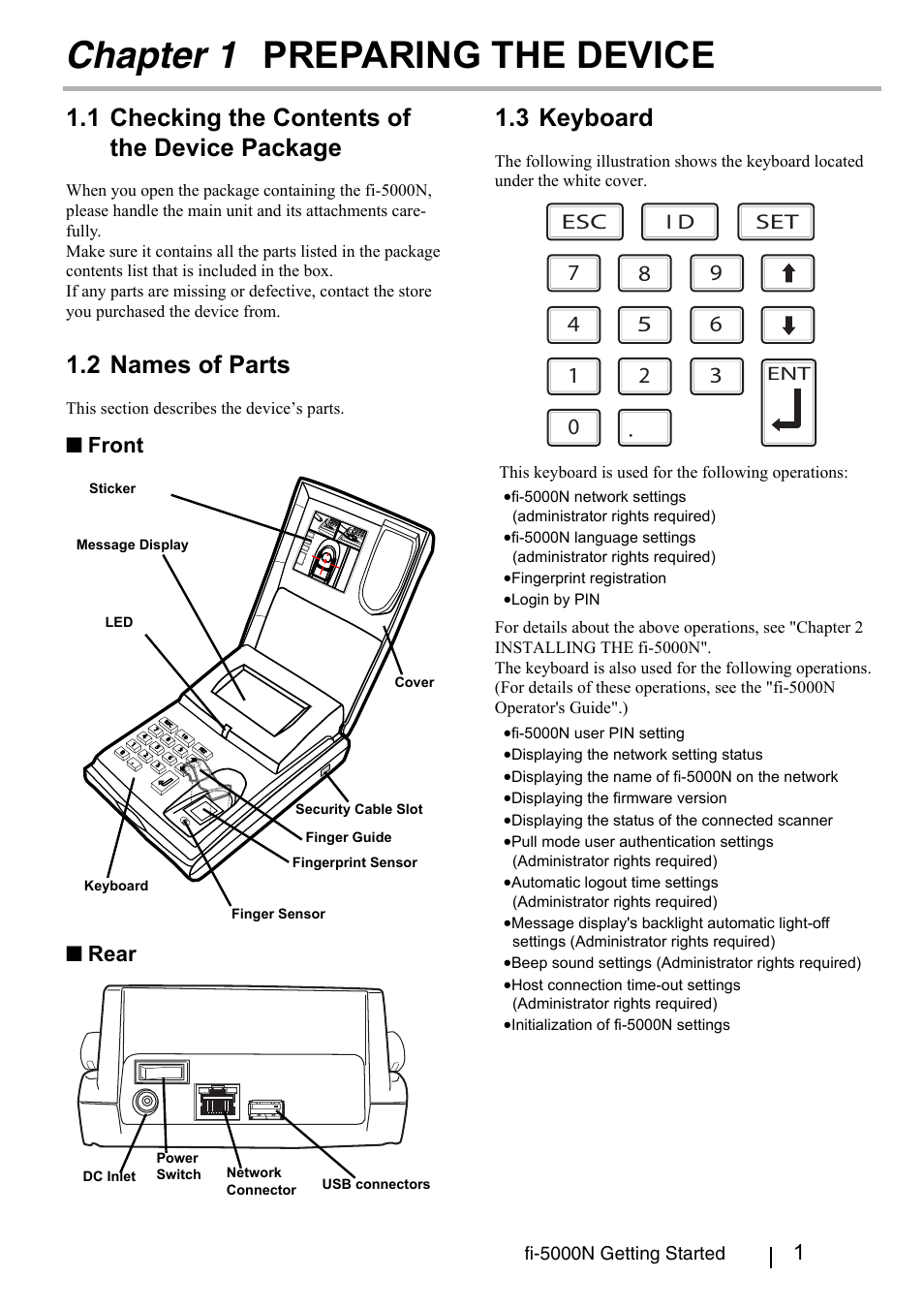 Chapter 1 preparing the device, 1 checking the contents of the device package, 2 names of parts | 3 keyboard, Chapter 1, Preparing the device, Front ■ rear, Esc set | FUJITSU fi-5000N User Manual | Page 9 / 29