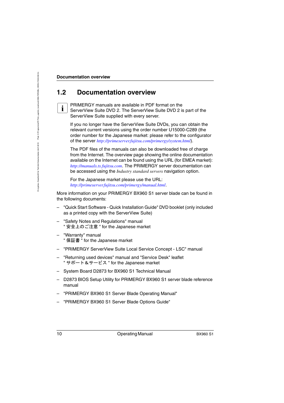 Documentation overview, 2 documentation overview, 10 operating manual | FUJITSU PRIMERGY BX960 S1 User Manual | Page 10 / 72