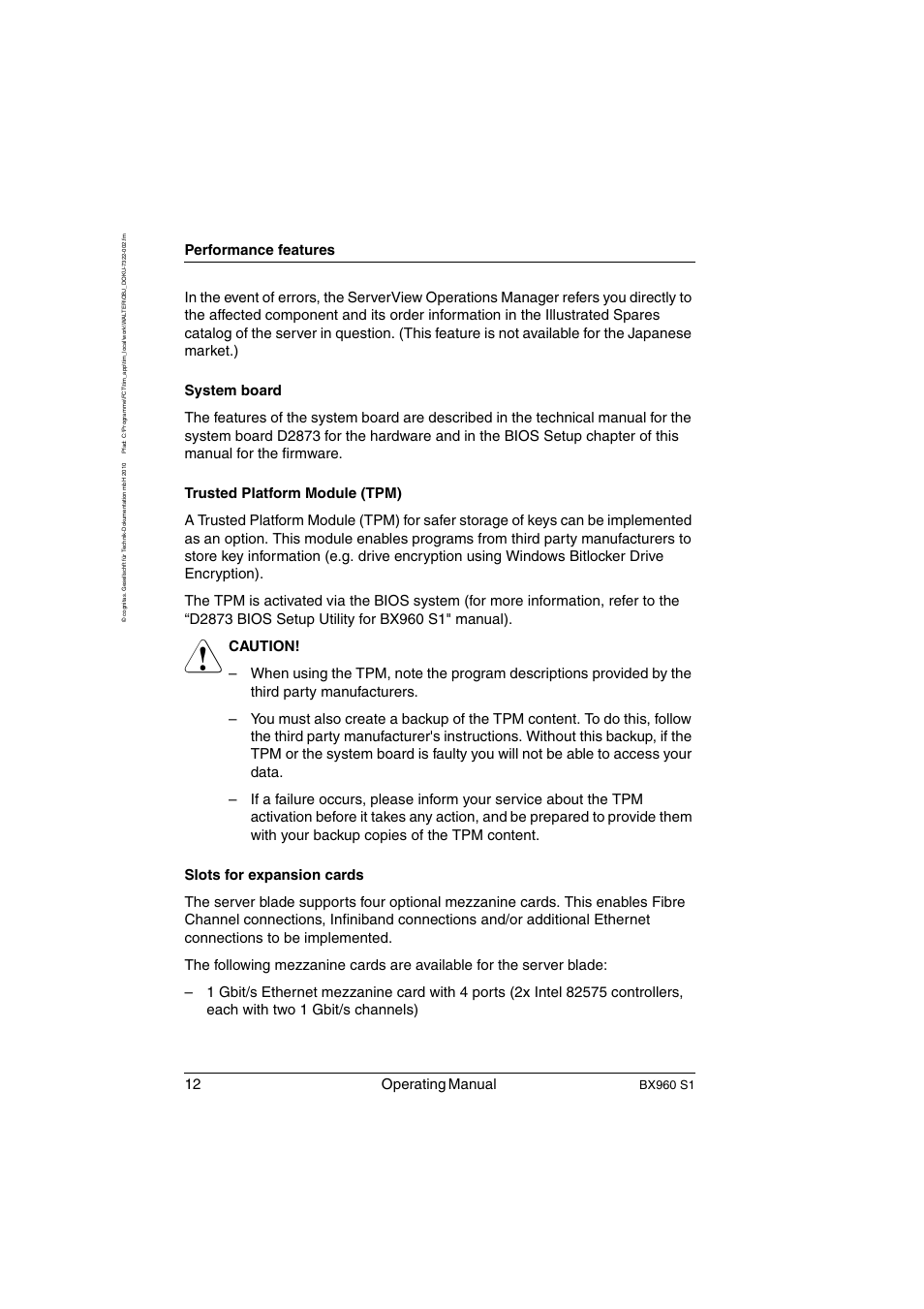 12 operating manual, Performance features, Bx960 s1 | FUJITSU PRIMERGY BX960 S1 User Manual | Page 12 / 72