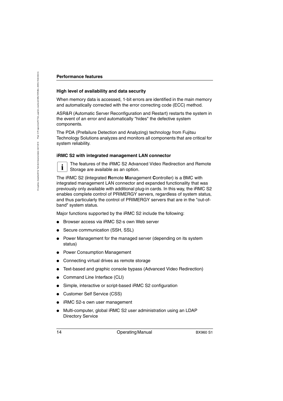14 operating manual, Performance features, Browser access via irmc s2-s own web server | Secure communication (ssh, ssl), Power consumption management, Connecting virtual drives as remote storage, Command line interface (cli), Customer self service (css), Irmc s2-s own user management, Bx960 s1 | FUJITSU PRIMERGY BX960 S1 User Manual | Page 14 / 72