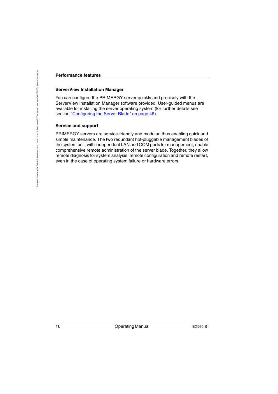 16 operating manual, Performance features, Bx960 s1 | FUJITSU PRIMERGY BX960 S1 User Manual | Page 16 / 72
