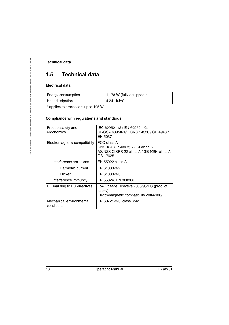 Technical data, 5 technical data, 18 operating manual | Bx960 s1 | FUJITSU PRIMERGY BX960 S1 User Manual | Page 18 / 72