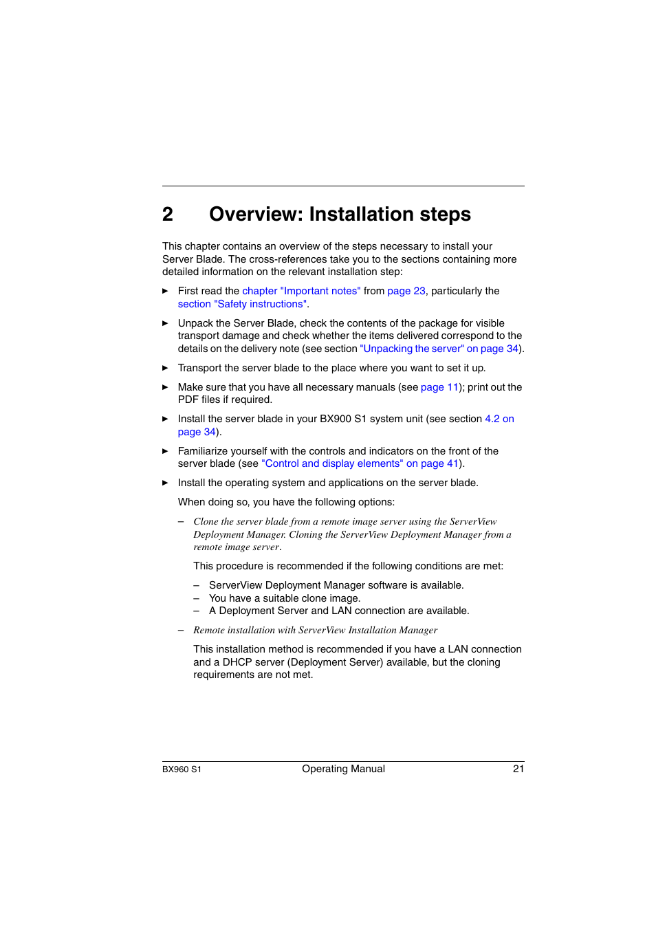 Overview: installation steps, 2overview: installation steps | FUJITSU PRIMERGY BX960 S1 User Manual | Page 21 / 72