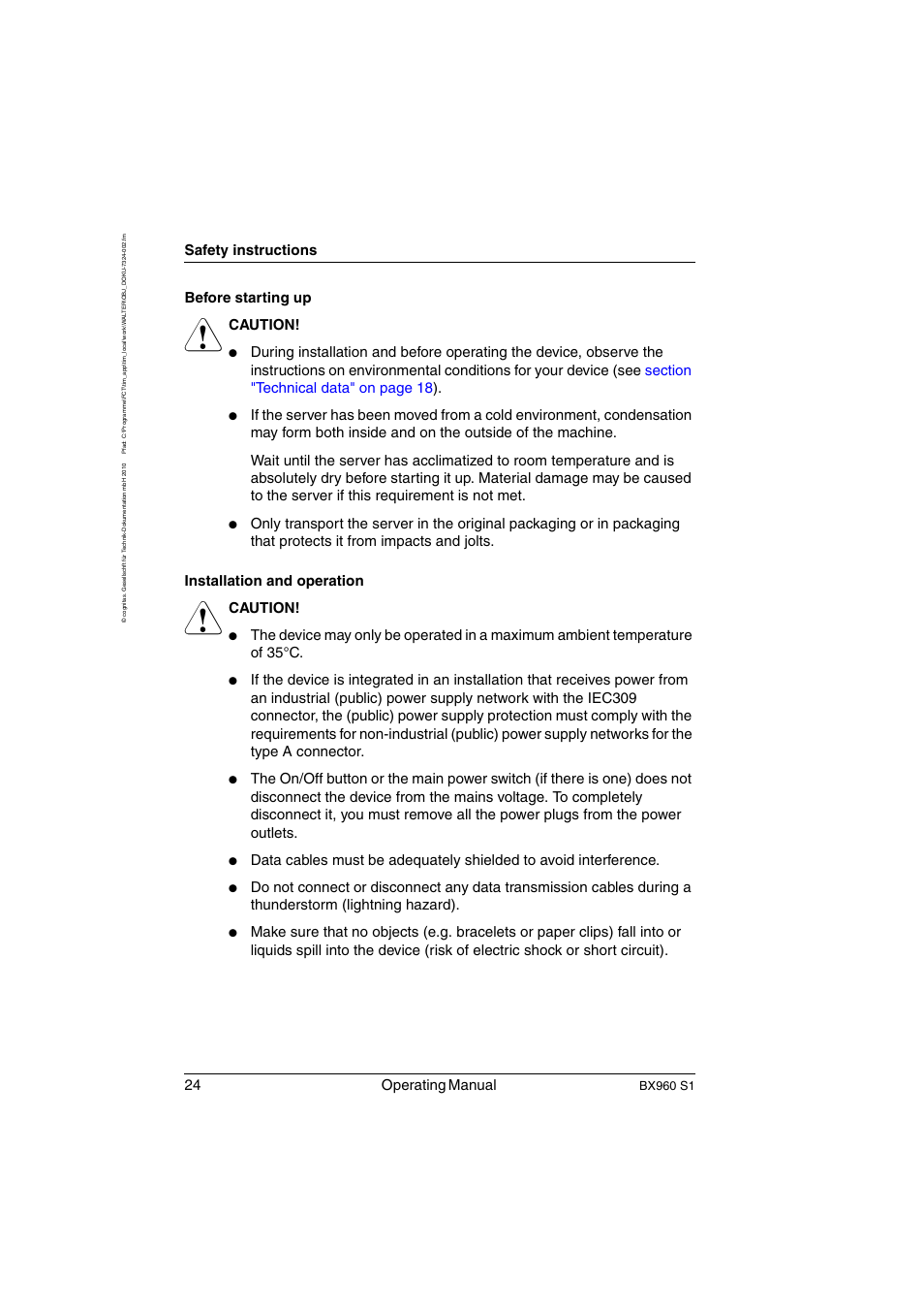 24 operating manual, Safety instructions, Before starting up | Caution, Bx960 s1 | FUJITSU PRIMERGY BX960 S1 User Manual | Page 24 / 72