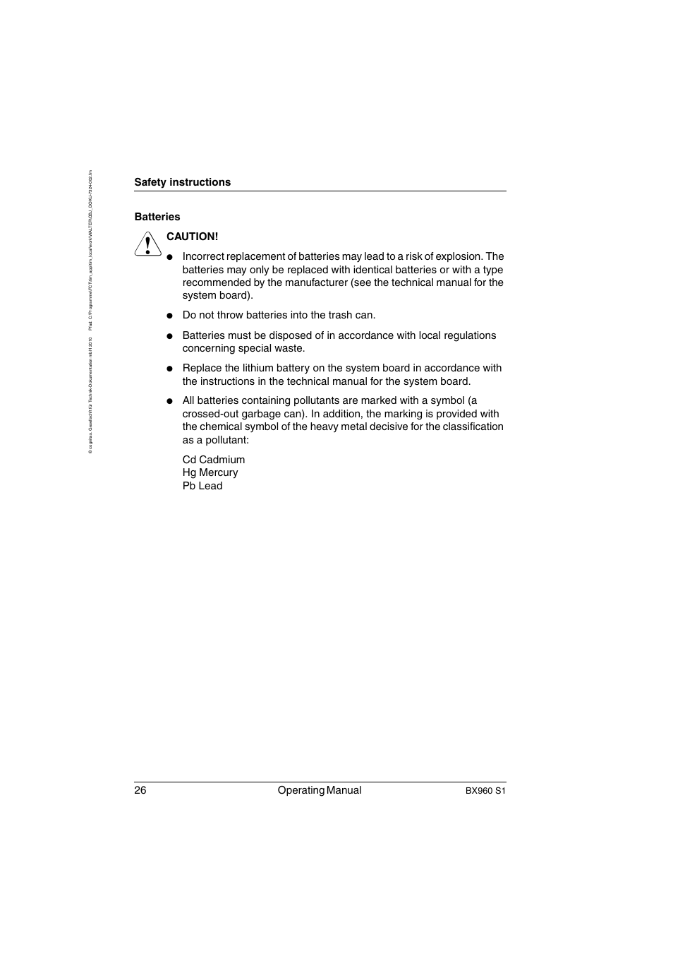26 operating manual, Safety instructions, Batteries | Caution, Do not throw batteries into the trash can, Bx960 s1 | FUJITSU PRIMERGY BX960 S1 User Manual | Page 26 / 72