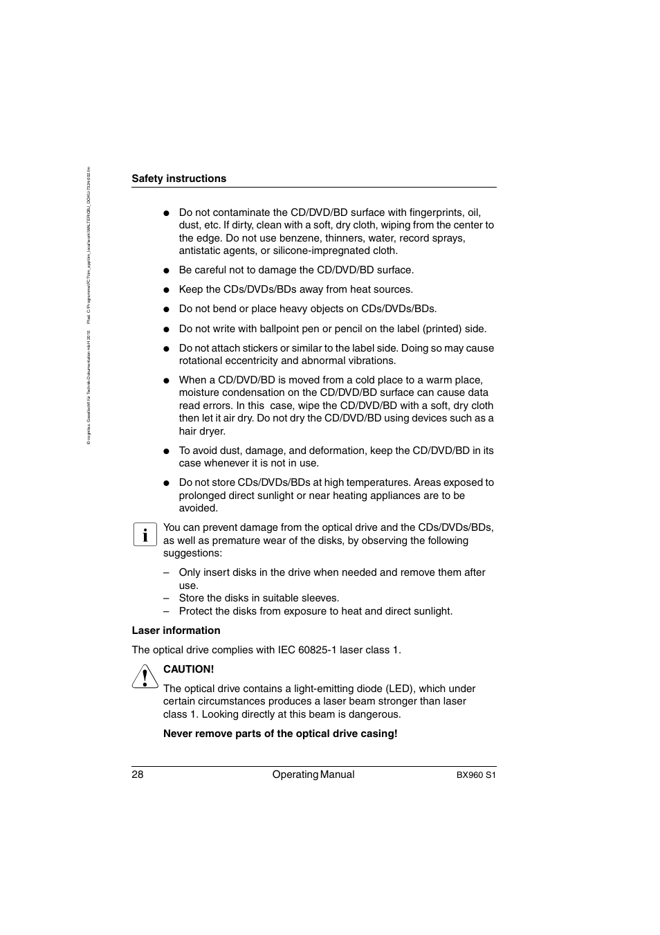 28 operating manual, Safety instructions, Be careful not to damage the cd/dvd/bd surface | Keep the cds/dvds/bds away from heat sources, Do not bend or place heavy objects on cds/dvds/bds, Bx960 s1 | FUJITSU PRIMERGY BX960 S1 User Manual | Page 28 / 72