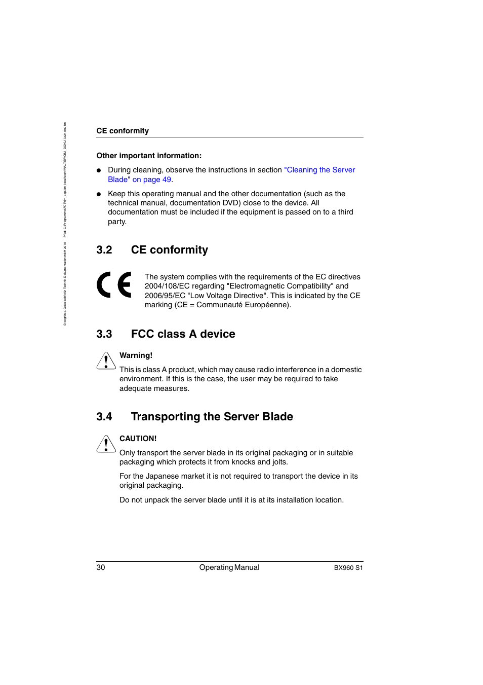 Ce conformity, Fcc class a device, Transporting the server blade | 2 ce conformity 3.3 fcc class a device, 4 transporting the server blade, 30 operating manual, Other important information, Bx960 s1 | FUJITSU PRIMERGY BX960 S1 User Manual | Page 30 / 72