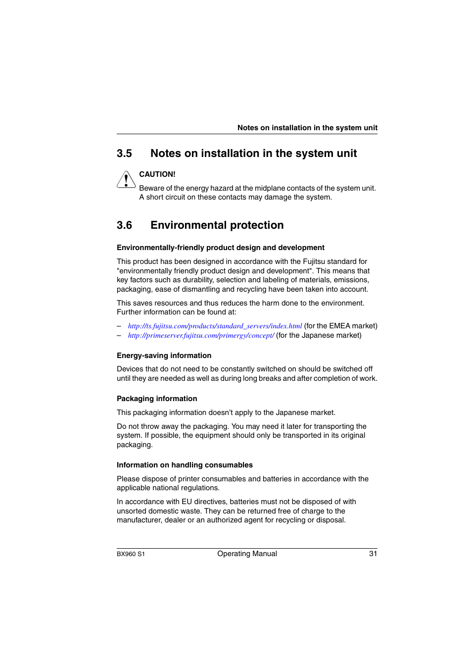 Notes on installation in the system unit, Environmental protection, 6 environmental protection | FUJITSU PRIMERGY BX960 S1 User Manual | Page 31 / 72