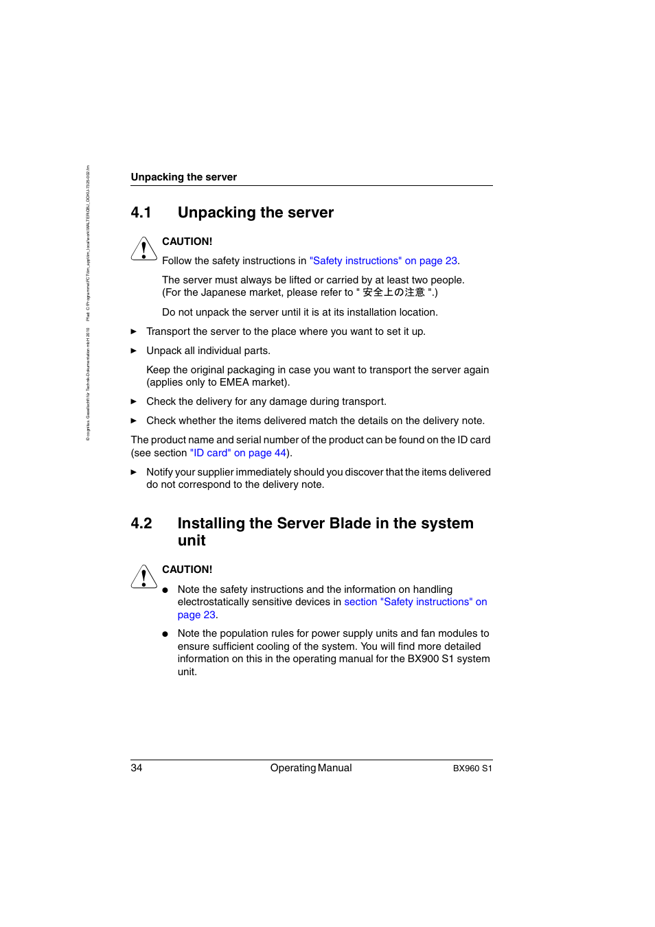 Unpacking the server, Installing the server blade in the system unit, 2 on | 1 unpacking the server, 2 installing the server blade in the system unit, 34 operating manual, Caution | FUJITSU PRIMERGY BX960 S1 User Manual | Page 34 / 72