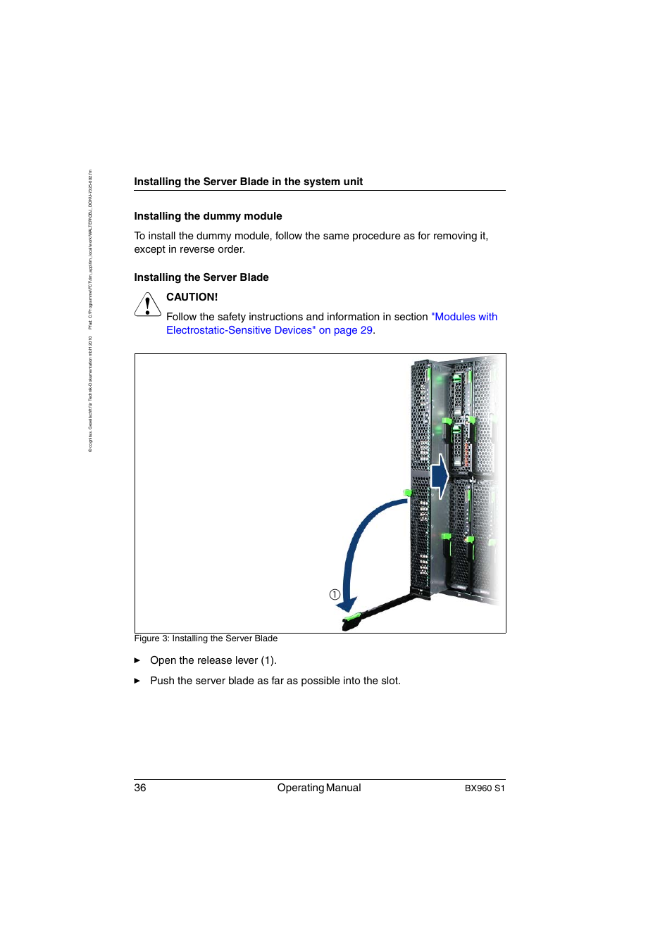 36 operating manual, Installing the server blade in the system unit, Bx960 s1 | Figure 3: installing the server blade | FUJITSU PRIMERGY BX960 S1 User Manual | Page 36 / 72