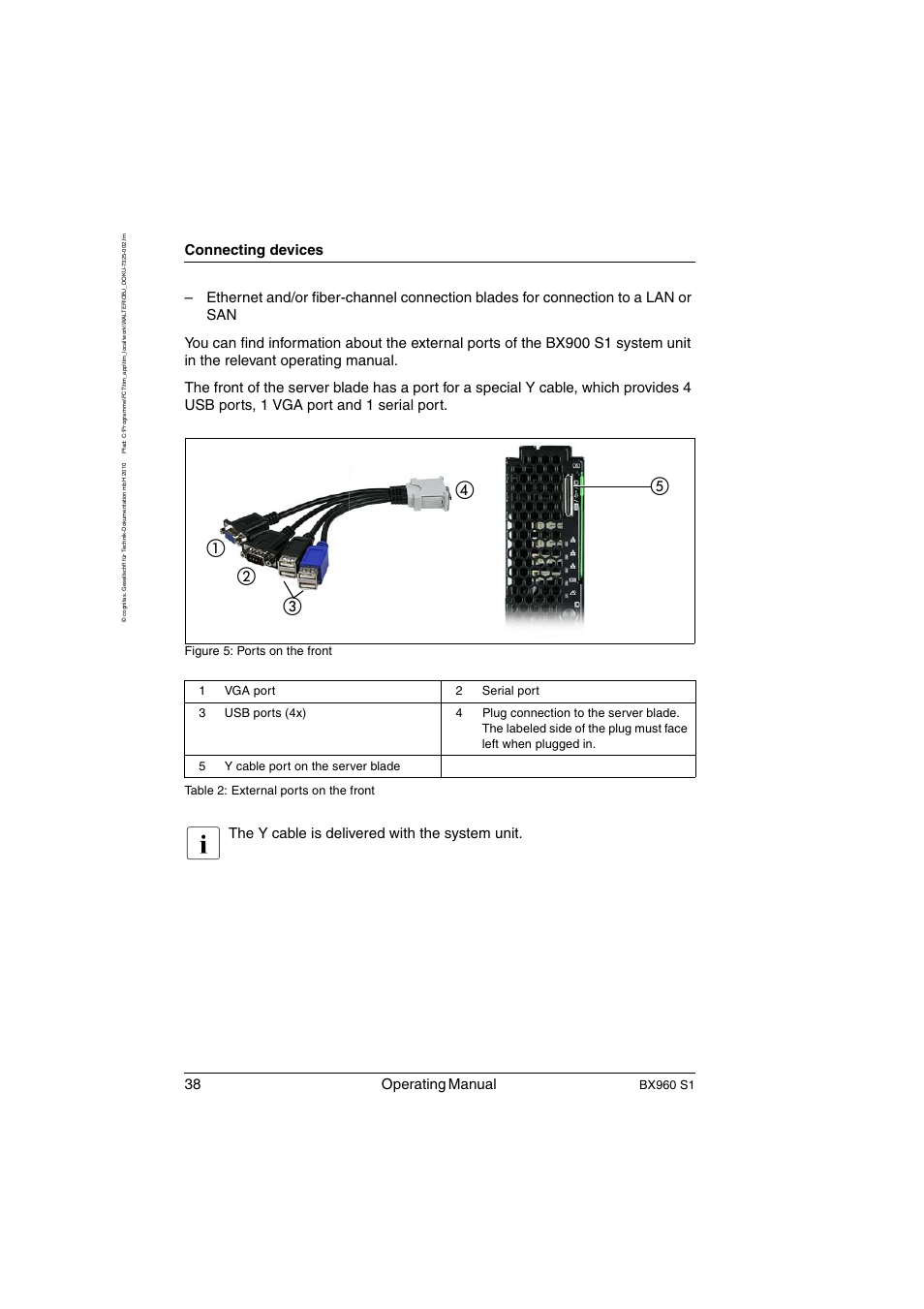38 operating manual, Connecting devices, The y cable is delivered with the system unit | Bx960 s1, Figure 5: ports on the front | FUJITSU PRIMERGY BX960 S1 User Manual | Page 38 / 72