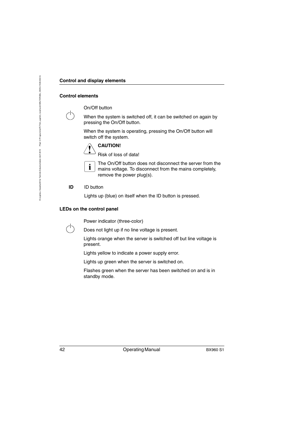 42 operating manual, Control and display elements, Caution! risk of loss of data | Bx960 s1 | FUJITSU PRIMERGY BX960 S1 User Manual | Page 42 / 72