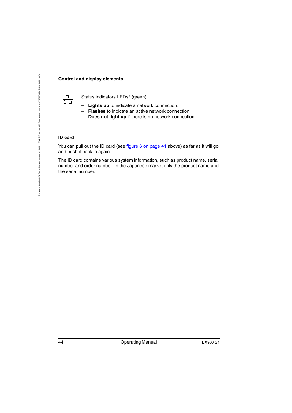 44 operating manual, Control and display elements, Bx960 s1 | FUJITSU PRIMERGY BX960 S1 User Manual | Page 44 / 72