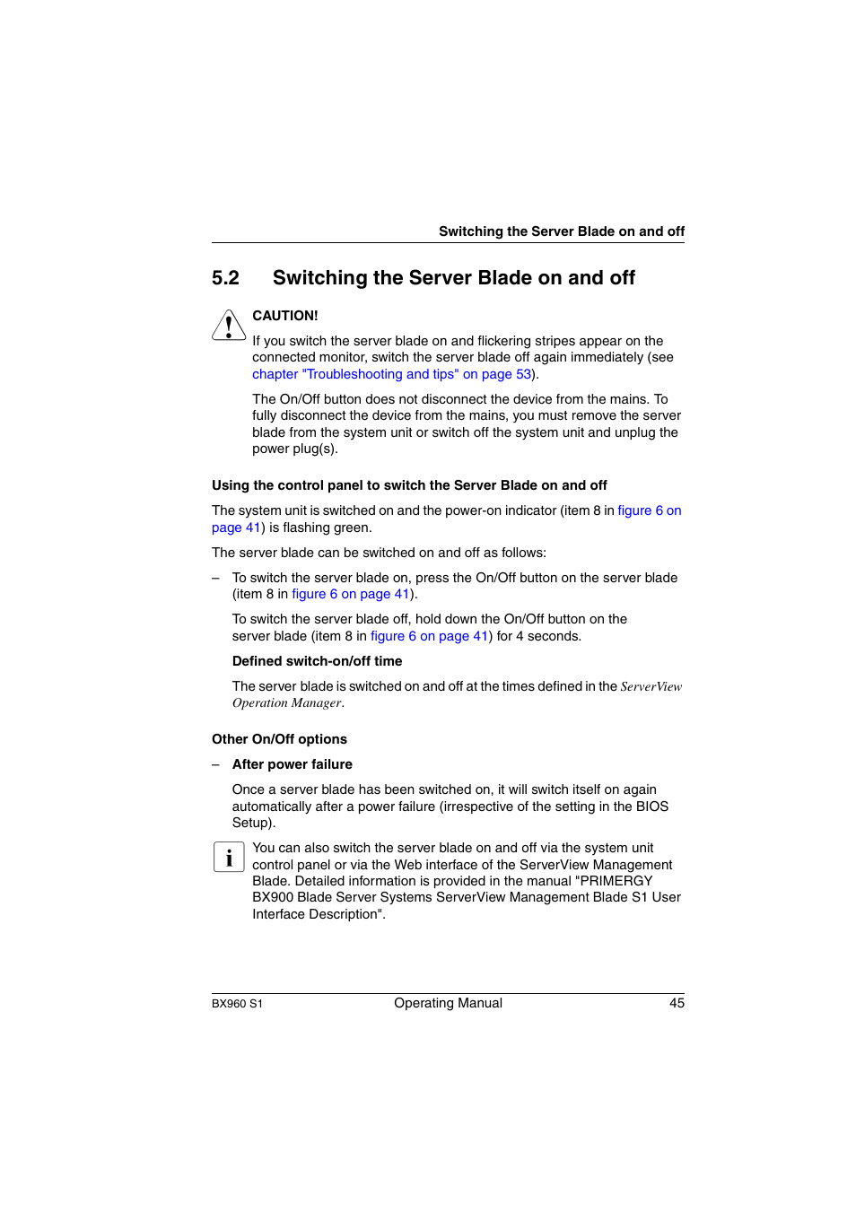 Switching the server blade on and off, 2 switching the server blade on and off | FUJITSU PRIMERGY BX960 S1 User Manual | Page 45 / 72