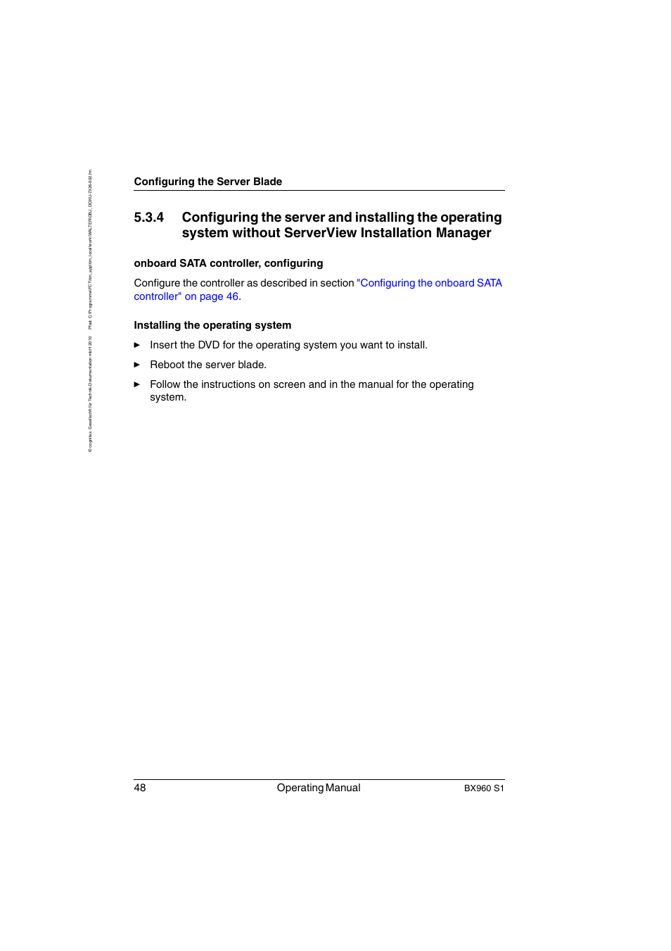 48 operating manual, Configuring the server blade, Bx960 s1 | FUJITSU PRIMERGY BX960 S1 User Manual | Page 48 / 72
