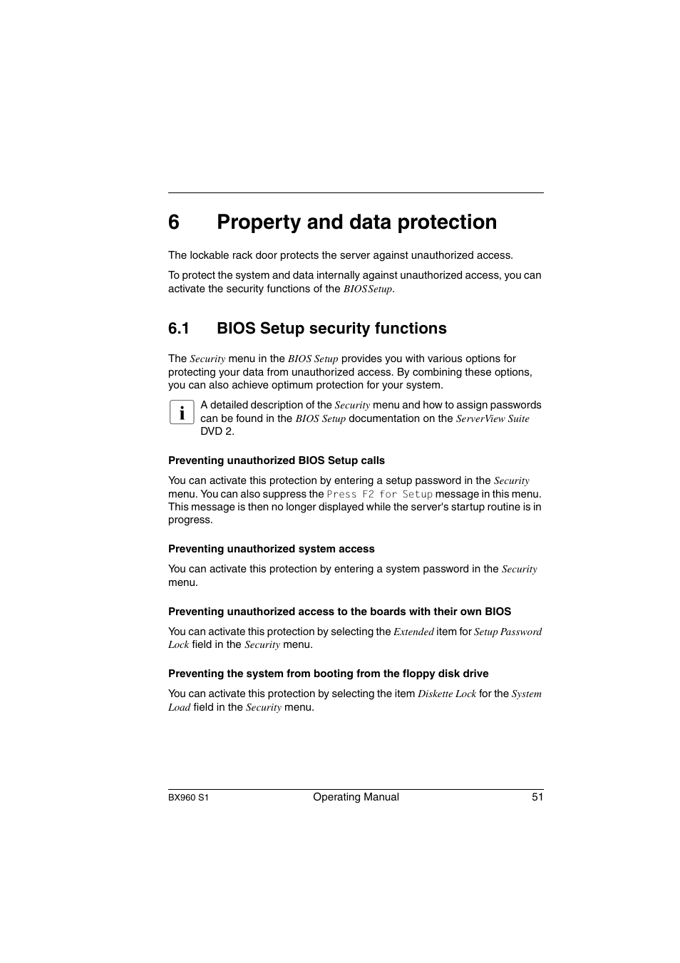 Property and data protection, Bios setup security functions, 6property and data protection | 1 bios setup security functions | FUJITSU PRIMERGY BX960 S1 User Manual | Page 51 / 72