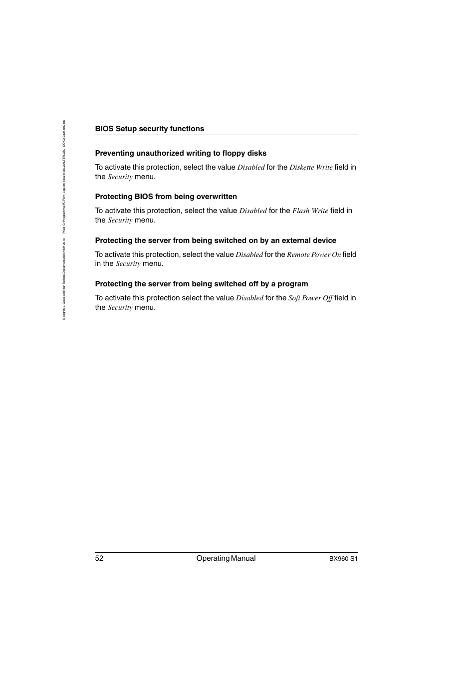 52 operating manual, Bios setup security functions, Bx960 s1 | FUJITSU PRIMERGY BX960 S1 User Manual | Page 52 / 72
