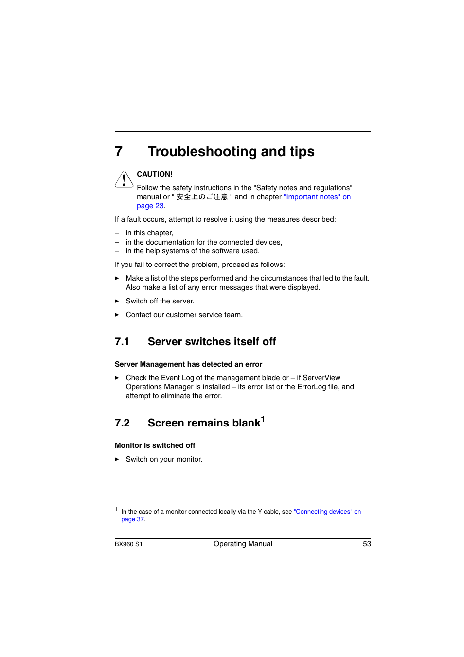 Troubleshooting and tips, Server switches itself off, Screen remains blank | 7troubleshooting and tips, 1 server switches itself off, 2 screen remains blank | FUJITSU PRIMERGY BX960 S1 User Manual | Page 53 / 72