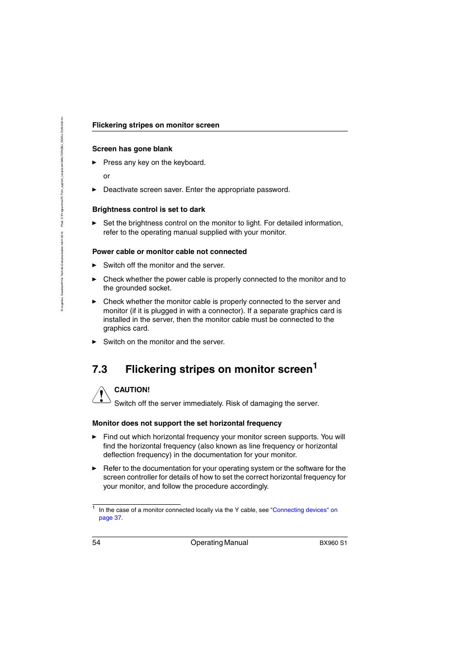 Flickering stripes on monitor screen, 3 flickering stripes on monitor screen, 54 operating manual | Bx960 s1 | FUJITSU PRIMERGY BX960 S1 User Manual | Page 54 / 72