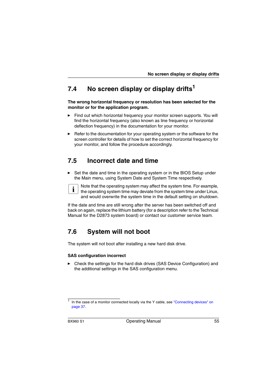 No screen display or display drifts, Incorrect date and time, System will not boot | 4 no screen display or display drifts, 5 incorrect date and time, 6 system will not boot | FUJITSU PRIMERGY BX960 S1 User Manual | Page 55 / 72