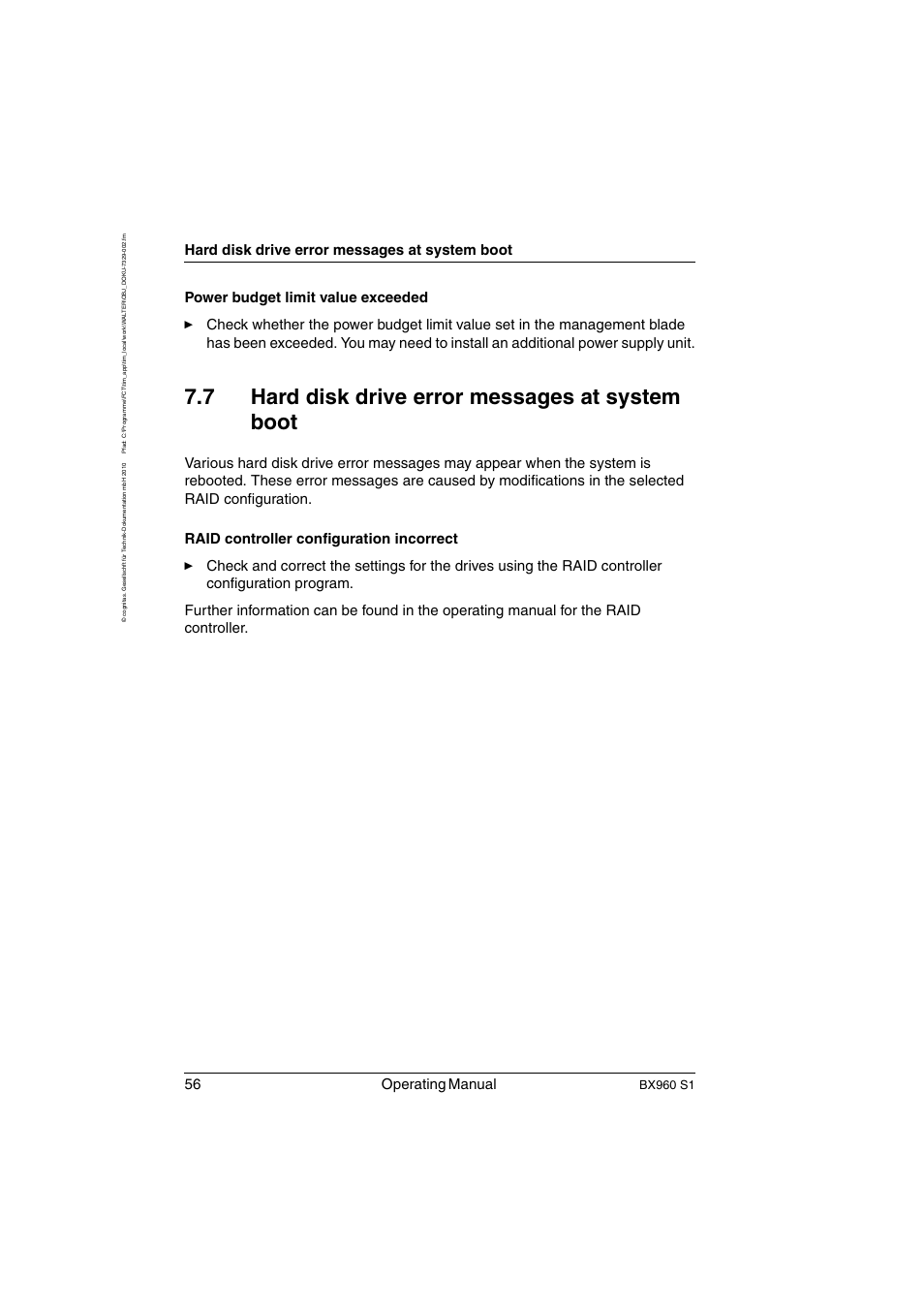 Hard disk drive error messages at system boot, 7 hard disk drive error messages at system boot, 56 operating manual | Bx960 s1 | FUJITSU PRIMERGY BX960 S1 User Manual | Page 56 / 72