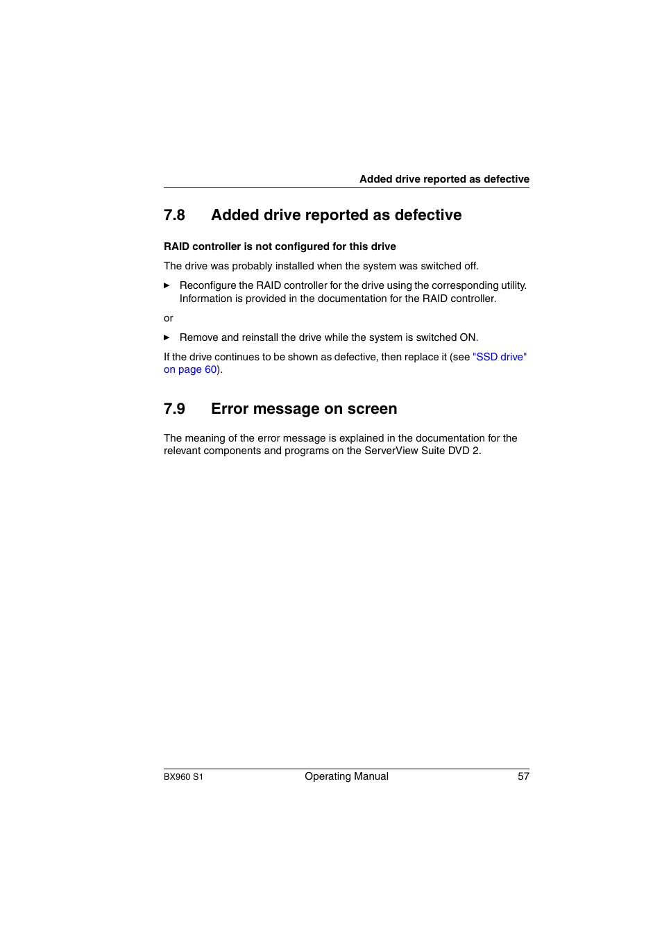 Added drive reported as defective, Error message on screen, 8 added drive reported as defective | 9 error message on screen | FUJITSU PRIMERGY BX960 S1 User Manual | Page 57 / 72