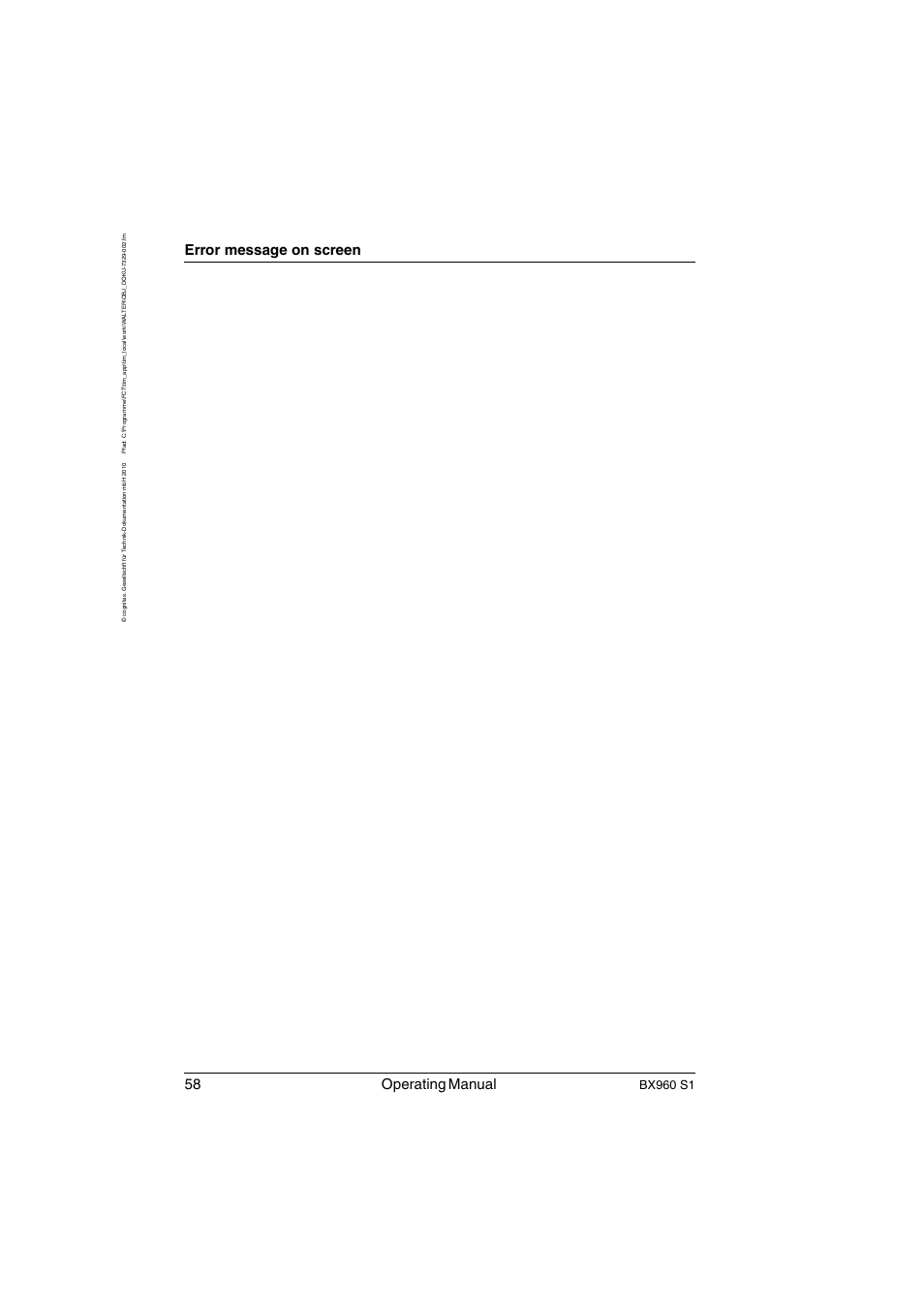 58 operating manual, Error message on screen, Bx960 s1 | FUJITSU PRIMERGY BX960 S1 User Manual | Page 58 / 72