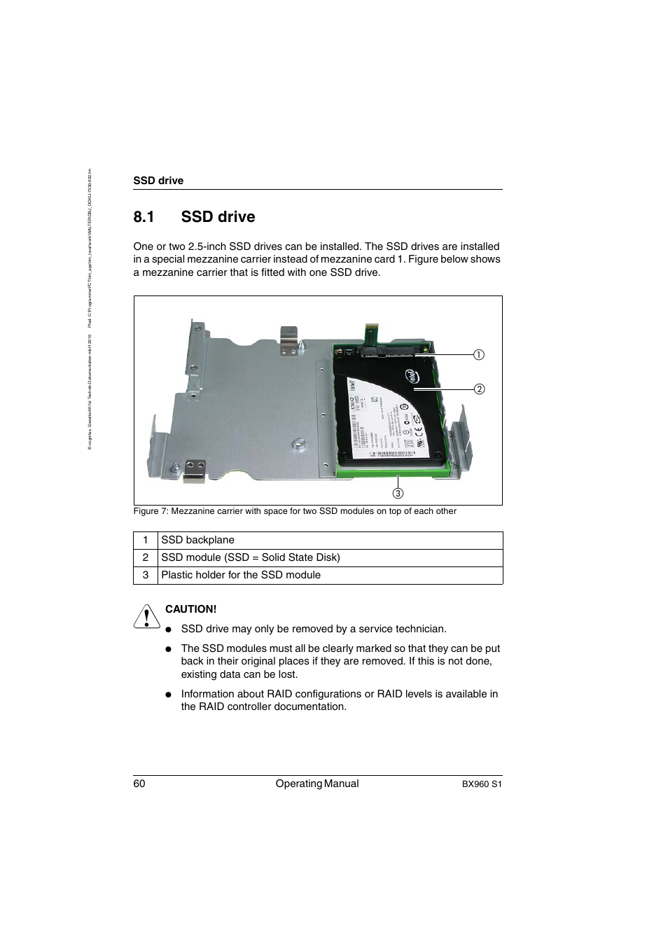 Ssd drive, 1 ssd drive, 60 operating manual | Caution, Bx960 s1 | FUJITSU PRIMERGY BX960 S1 User Manual | Page 60 / 72