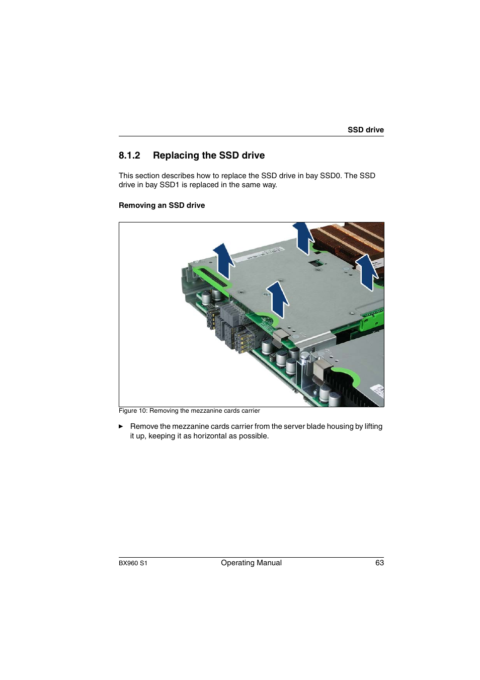 Replacing the ssd drive, 2 replacing the ssd drive | FUJITSU PRIMERGY BX960 S1 User Manual | Page 63 / 72