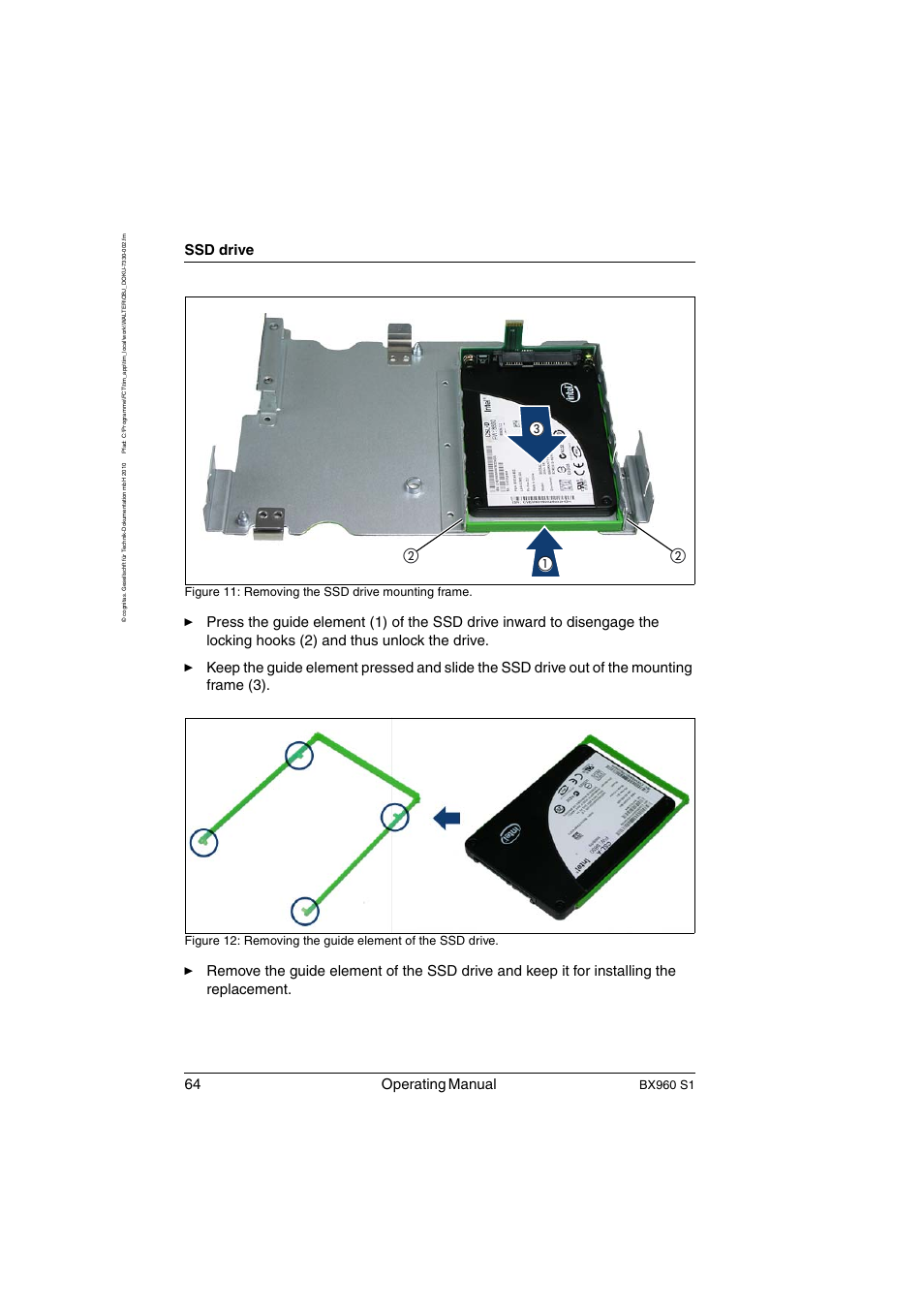 64 operating manual, Ssd drive, Bx960 s1 | Figure 11: removing the ssd drive mounting frame | FUJITSU PRIMERGY BX960 S1 User Manual | Page 64 / 72