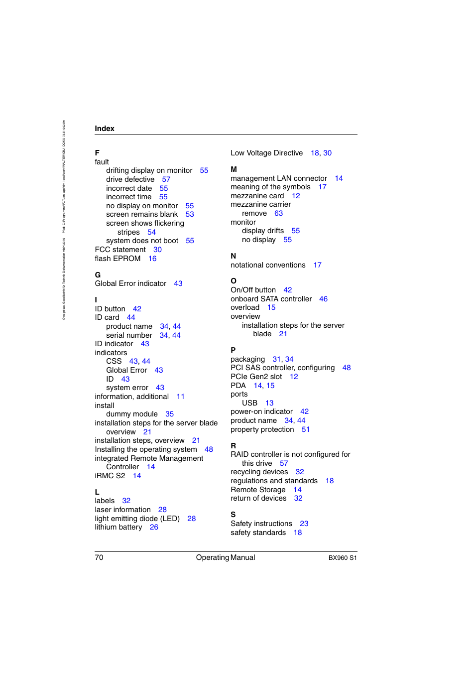 70 operating manual, Index | FUJITSU PRIMERGY BX960 S1 User Manual | Page 70 / 72