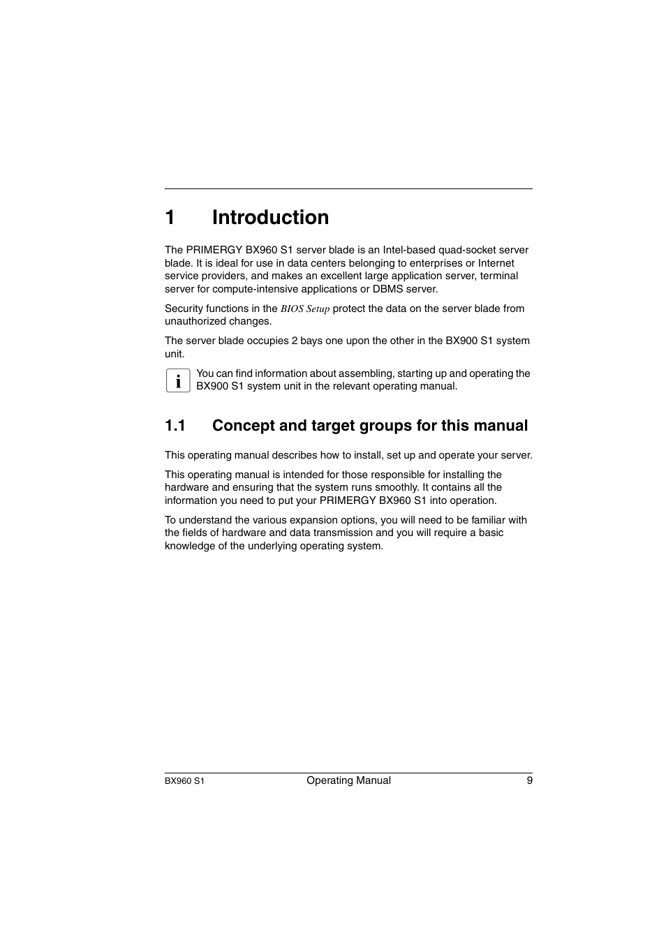 Introduction, Concept and target groups for this manual, 1introduction | 1 concept and target groups for this manual | FUJITSU PRIMERGY BX960 S1 User Manual | Page 9 / 72