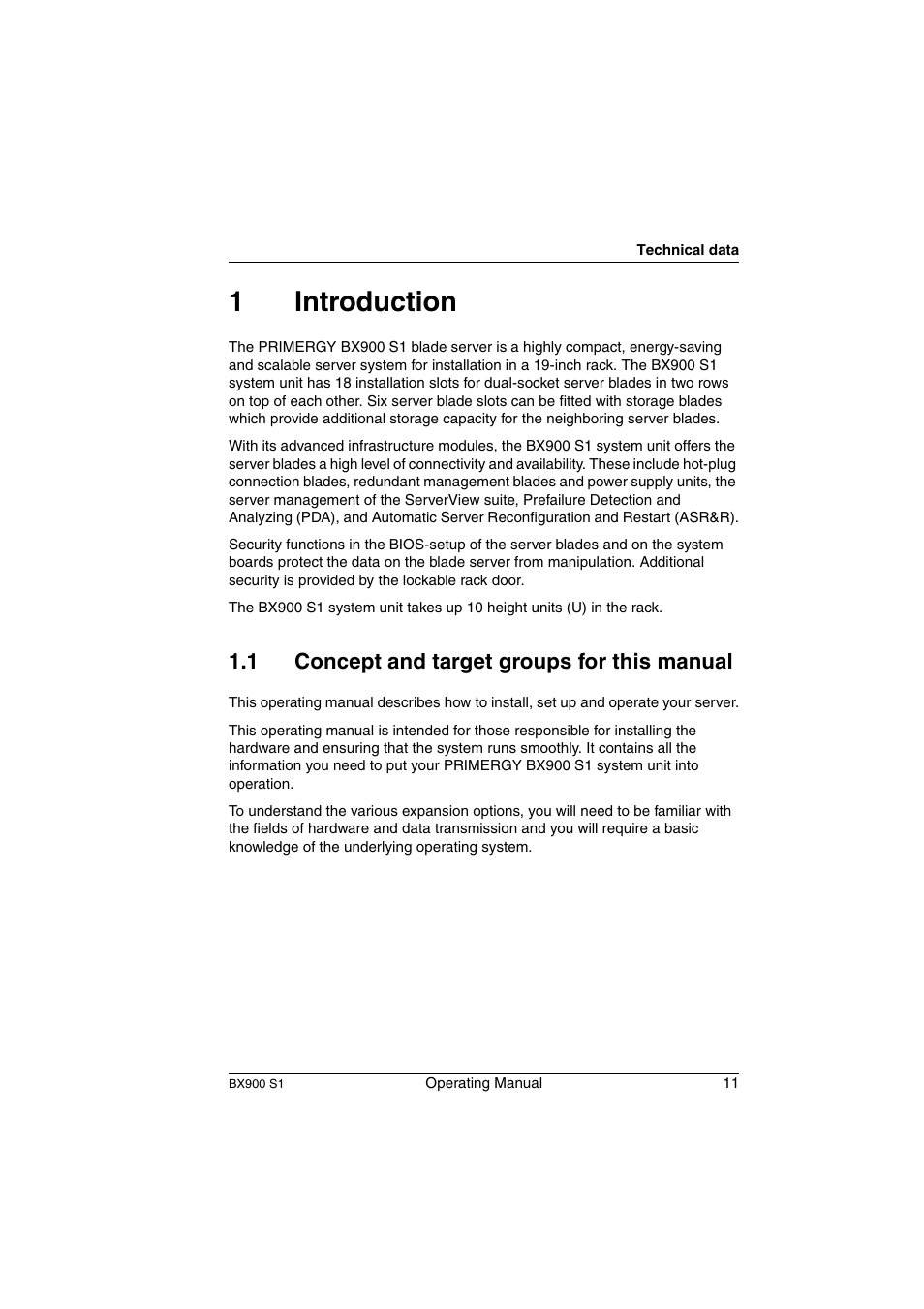 Introduction, Concept and target groups for this manual, 1introduction | 1 concept and target groups for this manual | FUJITSU BX900 S1 User Manual | Page 11 / 144