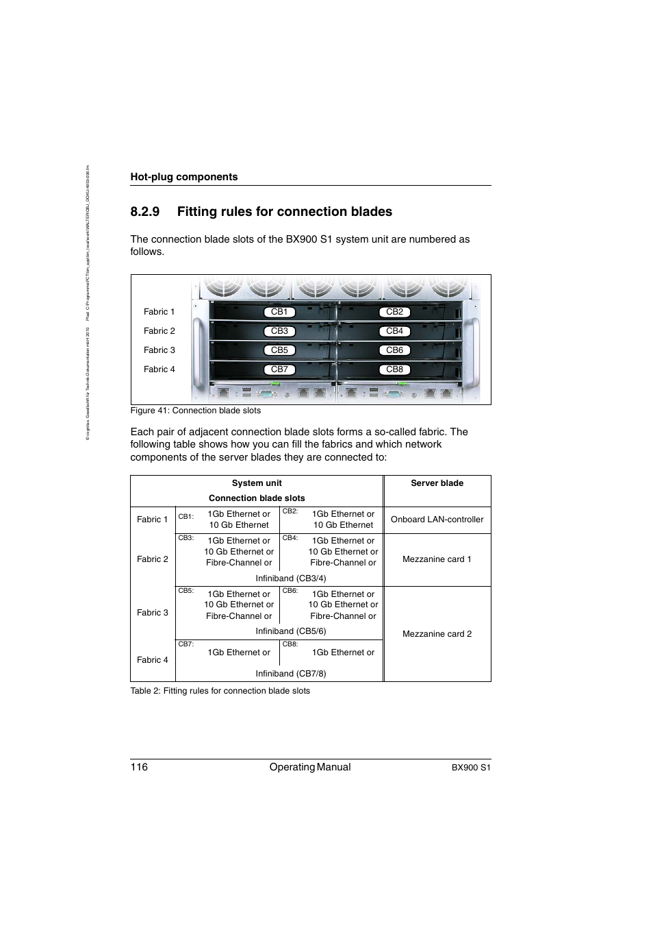 Fitting rules for connection blades, Figure, It only | 9 fitting rules for connection blades, 116 operating manual, Hot-plug components, Bx900 s1, Figure 41: connection blade slots, 1gb ethernet or 10 gb ethernet, 1gb ethernet or 10 gb ethernet or fibre-channel or | FUJITSU BX900 S1 User Manual | Page 116 / 144