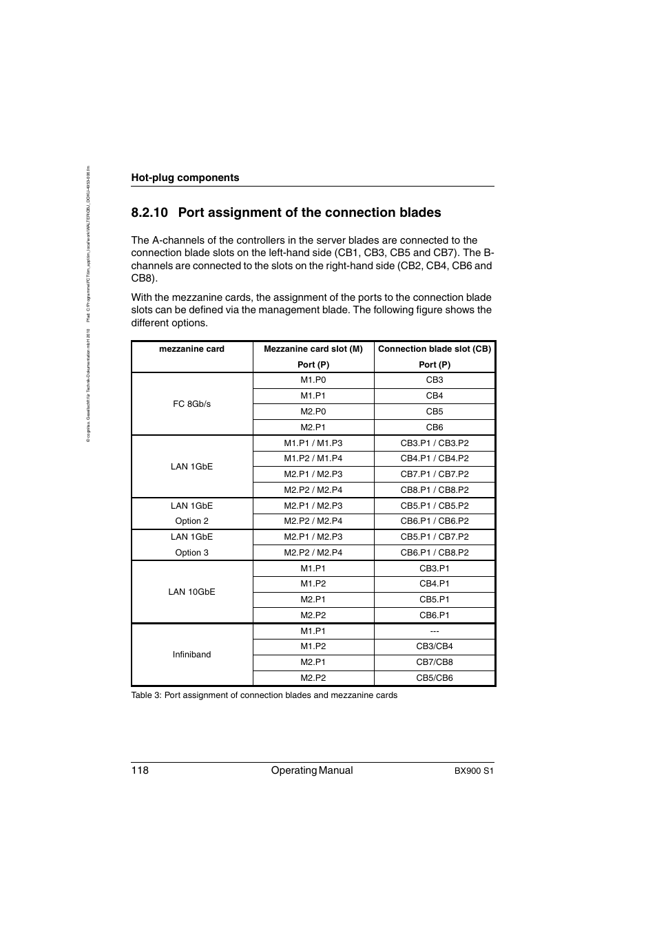 Port assignment of the connection blades, 10 port assignment of the connection blades, 118 operating manual | Hot-plug components, Bx900 s1 | FUJITSU BX900 S1 User Manual | Page 118 / 144