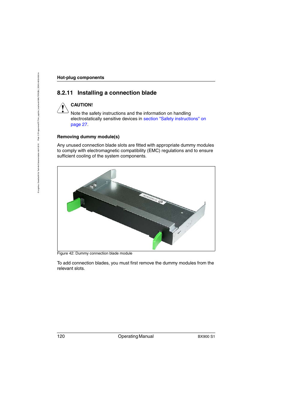 Installing a connection blade, Section, 11 installing a connection blade | 120 operating manual, Hot-plug components, Bx900 s1, Figure 42: dummy connection blade module | FUJITSU BX900 S1 User Manual | Page 120 / 144