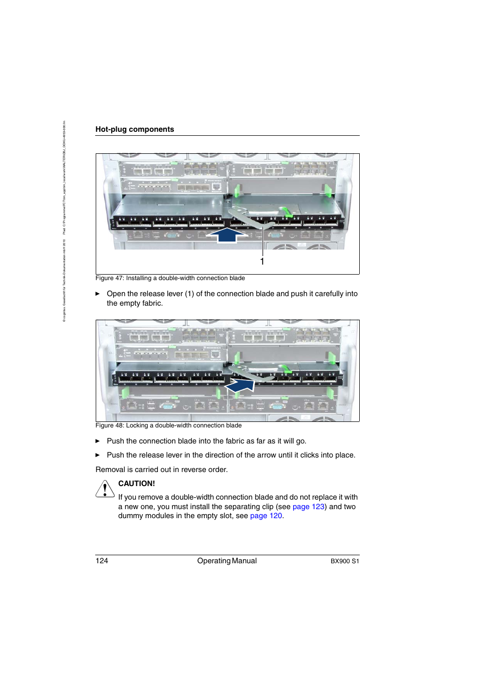 124 operating manual, Hot-plug components, Bx900 s1 | Figure 48: locking a double-width connection blade | FUJITSU BX900 S1 User Manual | Page 124 / 144