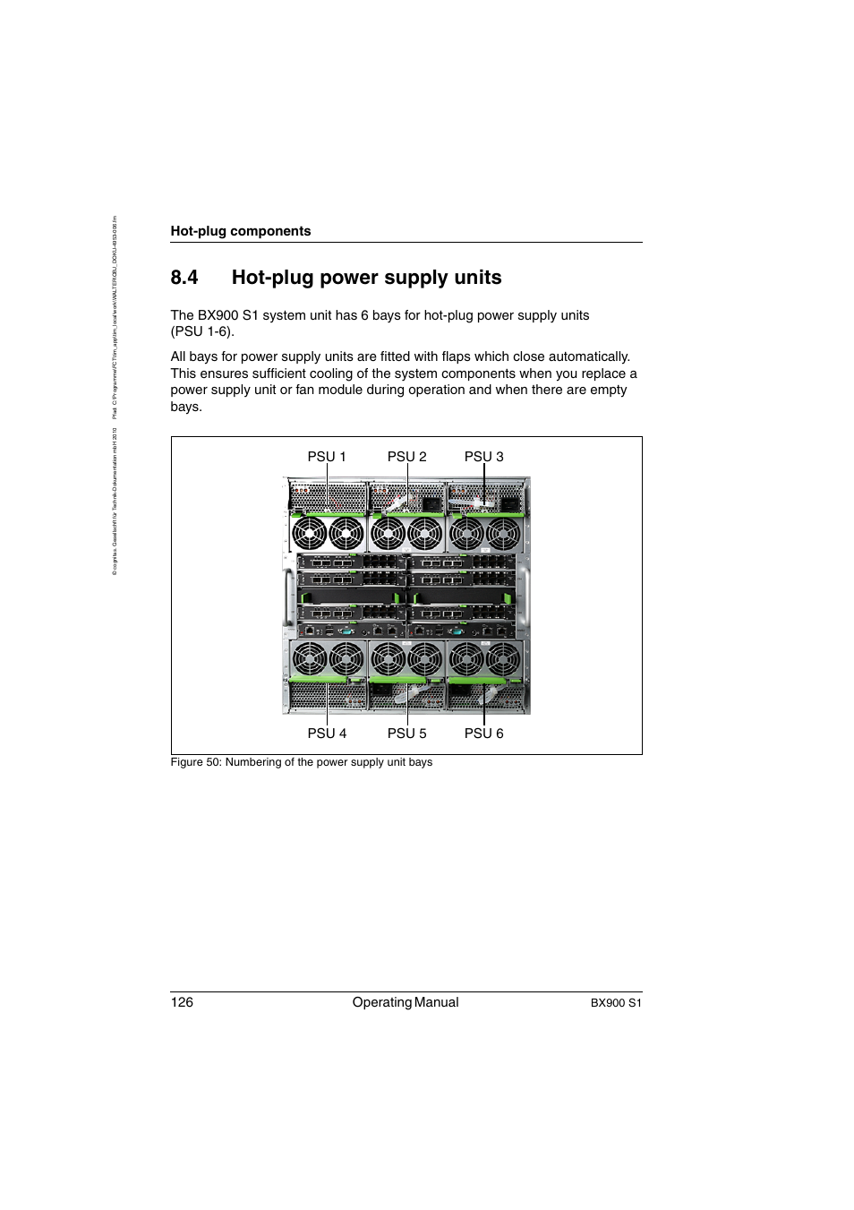 Hot-plug power supply units, 4 hot-plug power supply units, 126 operating manual | Hot-plug components, Bx900 s1, Figure 50: numbering of the power supply unit bays | FUJITSU BX900 S1 User Manual | Page 126 / 144