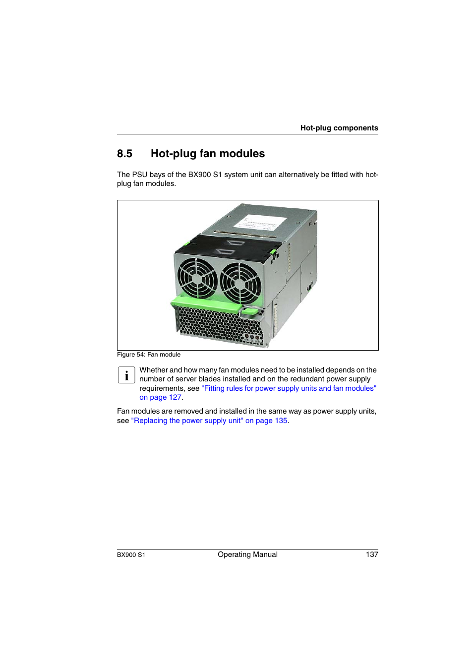 Hot-plug fan modules, Section "hot-plug, 5 hot-plug fan modules | FUJITSU BX900 S1 User Manual | Page 137 / 144