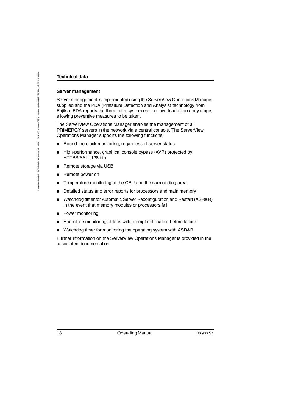 18 operating manual, Technical data, Remote storage via usb | Remote power on, Power monitoring, Bx900 s1 | FUJITSU BX900 S1 User Manual | Page 18 / 144